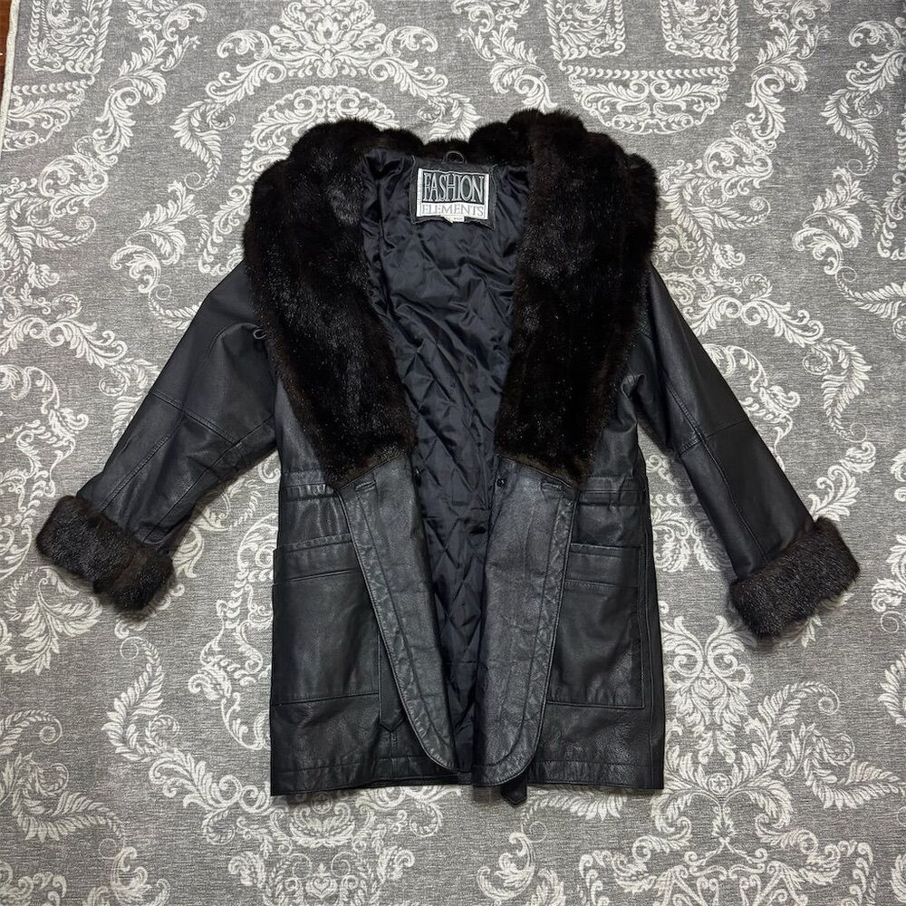 Fashion Elements Women's Black Leather Coat Faux Fur Trim Small Size Vintage
